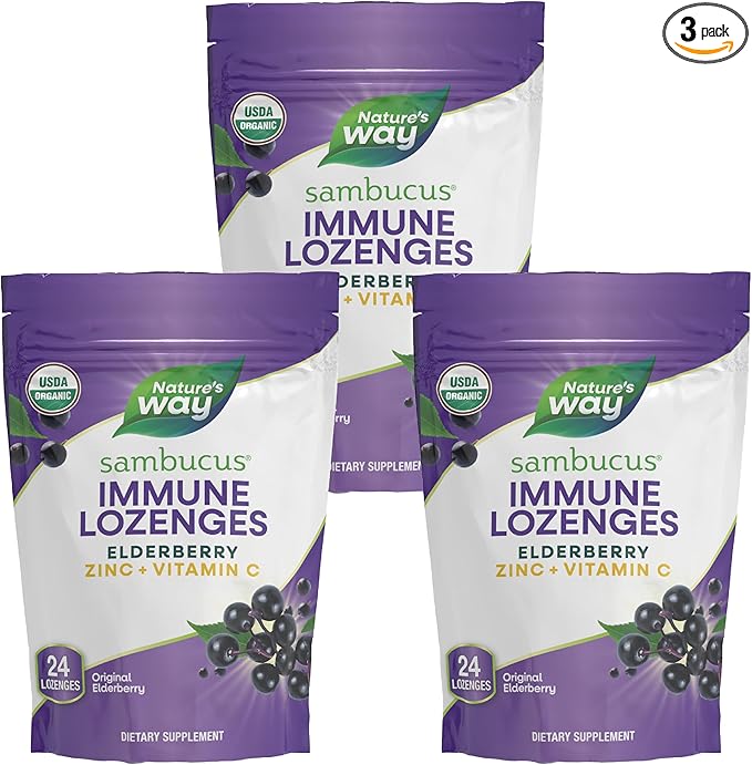 Nature's Way Sambucus Immune Lozenges, Zinc + Vitamin C, Black Elderberry Extract, USDA Certified Organic, Original Berry Flavored, 24 Lozenges (Packaging May Vary) - 3 Pack