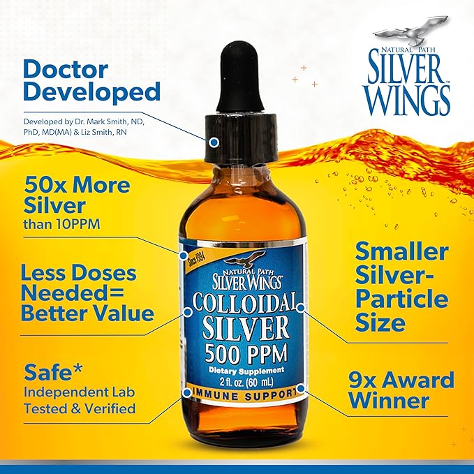 Natural Path Silver Wings Colloidal Silver - Extra Strength Liquid Immune Support Supplement - - 500ppm (2500mcg) - 2oz Dropper