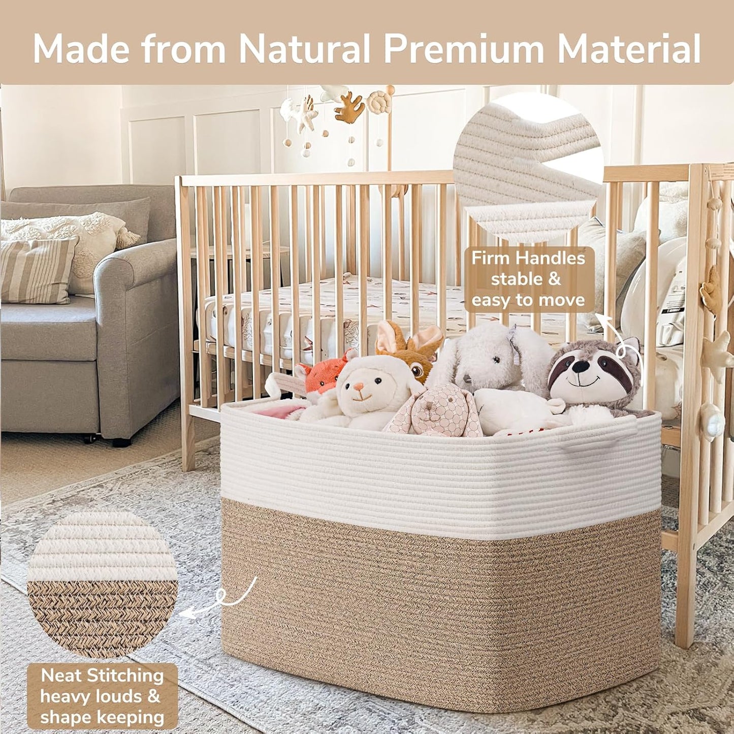 Goodpick Large Woven Blanket Basket 105L, 25"x16"x16" Cotton Rope Organizer for Toys, Dirty Clothes, Extra Large Rectangle Storage Basket for Living Room, Bedroom, White & Brown