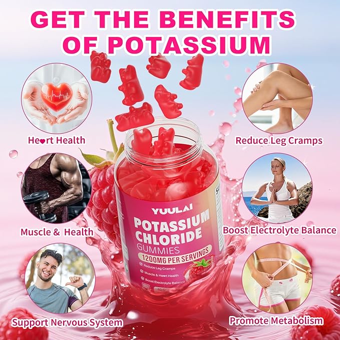 Potassium Gummies, Potassium Chloride Gummies 1200mg for Adults, Sugar-Free Potassium Supplement Support Leg Cramps & Electrolyte Balance, Raspberry Flavor, 60 Count