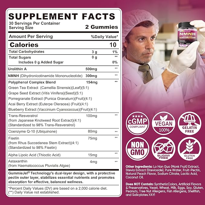 NMNH Gummies 300MG with Urolithin A, Polyphenol Blend, Resveratrol, NAD+ Supplement for Women & Men Boost NAD+ Levels, Optimized Aging, Cell Regeneration, DNA Repair, Energy, Focus, Sugar Free, 60cts