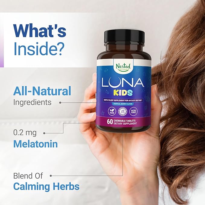 Nested Naturals Luna Kids Sleep Aid Tablets for Children 4+ - Naturally Sourced Ingredients - Gentle, Herbal Supplement with Chamomile, Melatonin, Valerian & Lemon Balm - 120 Chewable Tablets