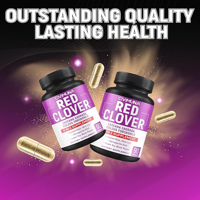 Red Clover Capsules with Red Clover, Cascara Sagrada Bark, Coleus Forskohlii - 90 Capsules for 3 Months Supply