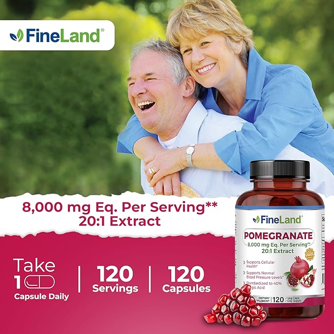 FineLand Pomegranate Extract 20:1, 8,000 mg Equivalent per Serving, 40% Ellagic Acid Standardized, Antioxidant Supplement for Cellular & DNA Health, 120 Veg Capsules, 4-Month Supply