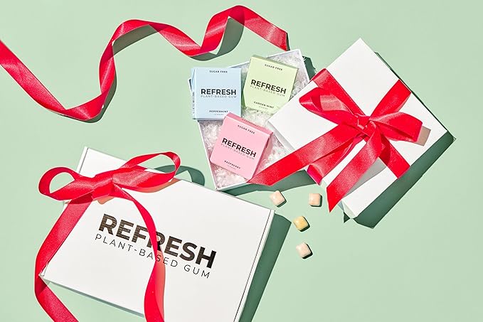 Refresh Gum, Xylitol, Natural, Sugar Free, Aspartame Free Chewing Gum, Plastic Free, Natural Flavors & Organic Ingredients, Plant-Based, Non GMO, Peppermint, Garden Mint & Raspberry Variety Pack, 12 Pcs, 6 Pack