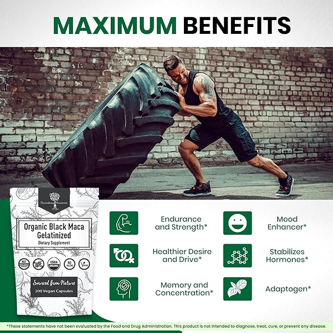 Organic Gelatinized Black Maca β 3X Stronger 200 Capsules for Men & Women, Natural Energy Supplement for Focus, Performance, Stamina & Endurance, Mood Enhancement and Stability, Mental Clarity 1000mg