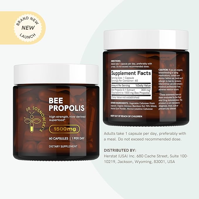 Dr Sosnowski's Bee Propolis | 1500mg High Potency | Hive-derived Superfood, Vegetable Capsules, 60 Count | 2 Months Supply