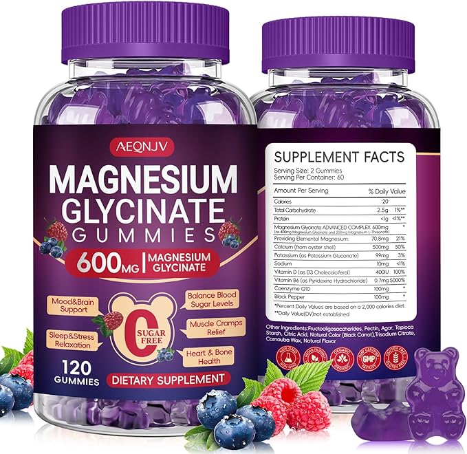 Magnesium Glycinate Gummies 600mg High Absorption, Magnesium Glycinate for Women and Men with Vitamin D, B6, and CoQ10 for Adults & Kids, Magnesium Supplement for Calm Support & Sleep, 60 Days Supply