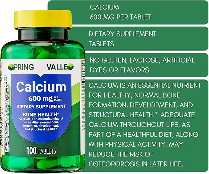 Calcium 600 mg Tablets • Bone & Muscle Health • Supports Strong Bones • Dietary Supplement • 100 Count by Spring Valley + Vena’s Sticker(Pack of 2)