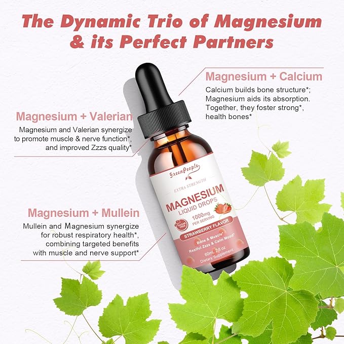 Magnesium Glycinate Liquid Drops - 1000mg 5-in-1 High Absorption Liquid Magnesium Complex with D3/K2/B6 | Fast-Acting, Bone, Muscle & Sleep | Sugar-Free Strawberry Flavor, 2fl Oz 2 Pack