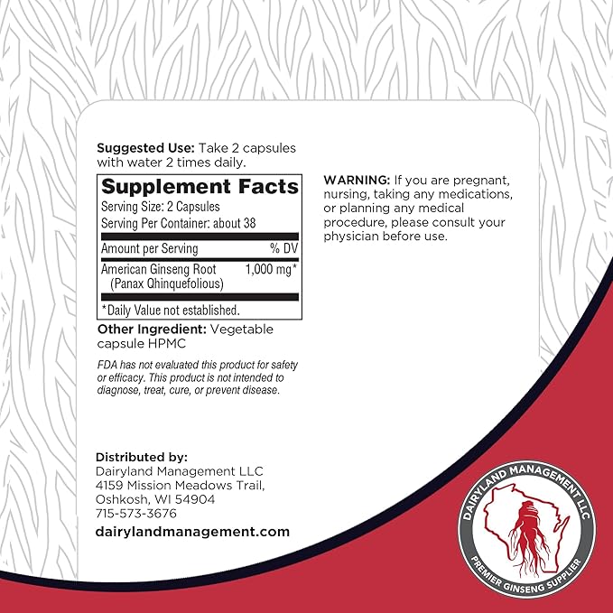 Dairyland American Ginseng Capsules, 75 ct (2000 mg) – Concentrated Wisconsin Ginseng Root Extract – Daily Herbal Supplement for Immune Support