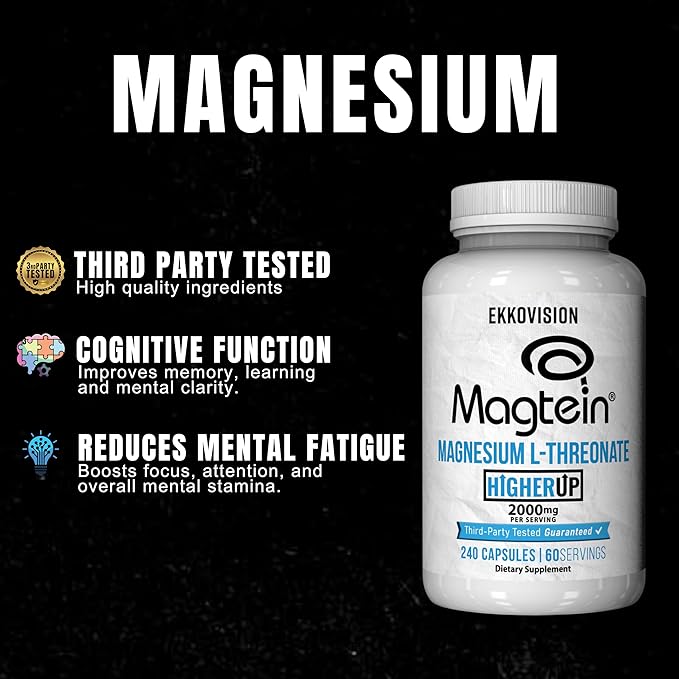 Magtein Magnesium L-Threonate, Memory & Cognitive Function Support, Magnesium Supplement with Essential Minerals for Men & Women, 2000 MG Per Serving, 240 Easy-to-Swallow Capsules
