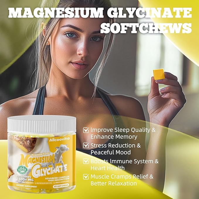 Magnesium Glycinate Soft Chews, Pineapple Flavor.Chewable Sugar Free Potassium Magnesium Chews with Magnesium Glycinate, Vitamin D, B6, and CoQ10 for Calm Support & Sleep for Adults, 60 Days Supply