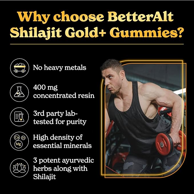 Gold+ Shilajit Gummies | with Ashwagandha, Safed Musli,Shilajit Resin & Ginger |Helps Boost Energy & Improves Stamina |1-Month Dietary Supplement|60 Gummies