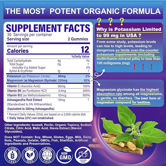 Potassium Magnesium Gummies - Potassium Supplement w/Ashwagandha 200mg, Magnesium Glycinate,B6,B12,P-otassium Citrate for Leg Cramps,Muscle,Electroyte for Adults Kids,Sugar-Free,1Pack