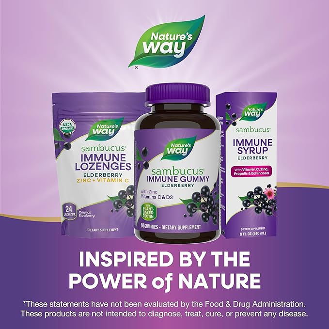Nature’s Way Sambucus Elderberry Immune Support Gummies for Kids & Adults* with Black Elderberry Extract, Vitamin C, Vitamin D3, and Zinc, 60 Gummies (Packaging May Vary)
