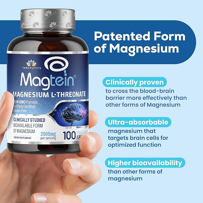 Magnesium L Threonate, Magtein™, Brain Supplement for Memory, Focus, Sleep and Cognitive Support, High Absorption Magnesium L-Threonate, Non-GMO, No Laxative Effect – 2000 mg, 100 Vegan Capsules