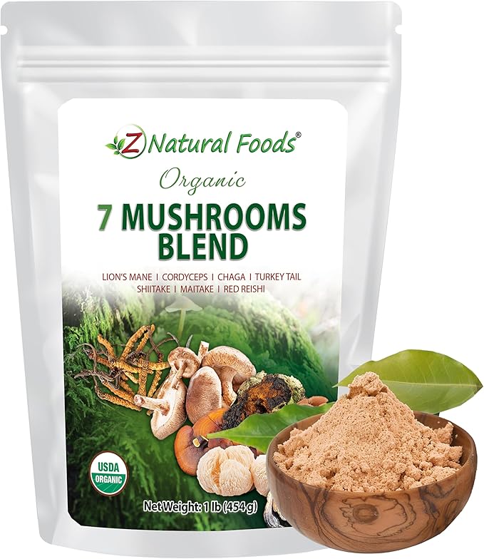 Z Natural Foods Organic 7 Sacred Mushrooms Blend - Mushroom Powder for Immune Health - Lionโs Mane, Cordyceps, Chaga, Red Reishi, Shiitake, Maitake & Turkey Tail Extract for Coffee, Smoothies, 1 lb