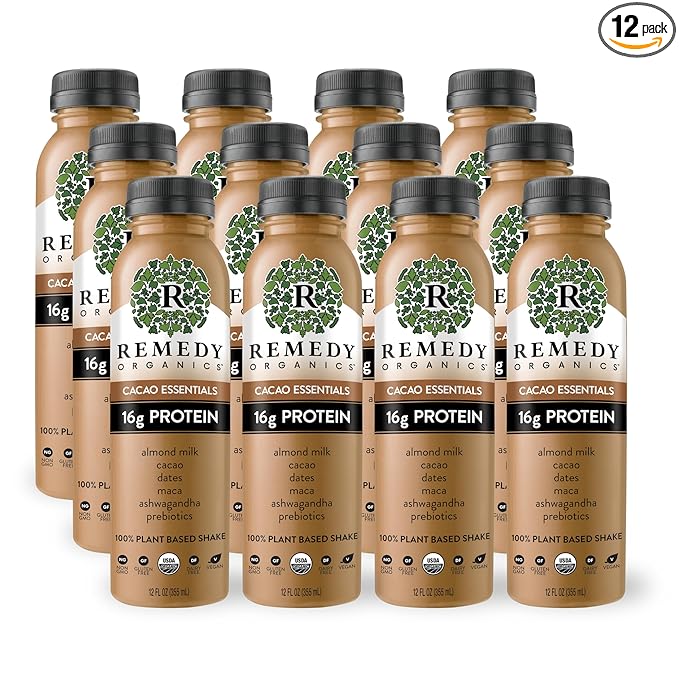 Remedy Organics Cacao Essentials 12-Pack | Plant Based Protein Shakes, Ready to Drink | USDA Organic, Gluten Free, Dairy Free, Soy Free