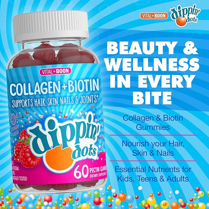 Dippin' Dots - Biotin Collagen Gummies for Women and Men - Hair, Skin & Nails Support - 10,000 mcg Biotin - Vegetarian, Non-GMO, Gluten-Free (60 Count)