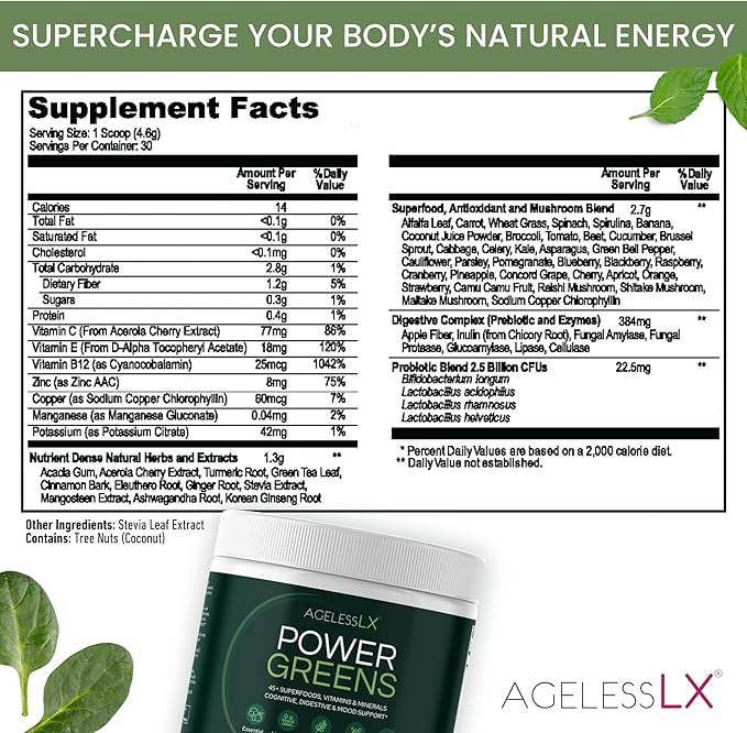 Power Greens, 42 Superfoods with Probiotics, Enzymes, and Prebiotic Fiber for Enhanced Energy, Immunity & Digestive Health, 30 Servings