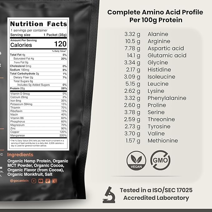 Organic Hemp Protein Powder, Plant Based and Vegan Protein Shake, Lactose and Dairy Free, Gluten Free, Clean and Natural- Chocolate (1 Serving)