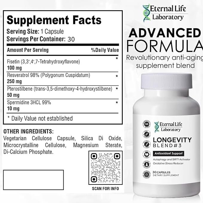 Longevity Blend #3 - Resveratrol 98% with Fisetin Pterostilbene Spermidine, Anti Aging, Oxidative Stress Reducer, Antioxidant Supplement, AMPK Activator