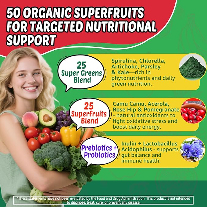 Superfood Fruits and Veggies Gummies w/Spirulina, Chlorella, Kale, Mushrooms, Prebiotics, Multi-Vitamins, 50+Greens, Fruit and Vegetable to Boost Immunity, Energy Levels & Gut Health Sugar Free 120Cts