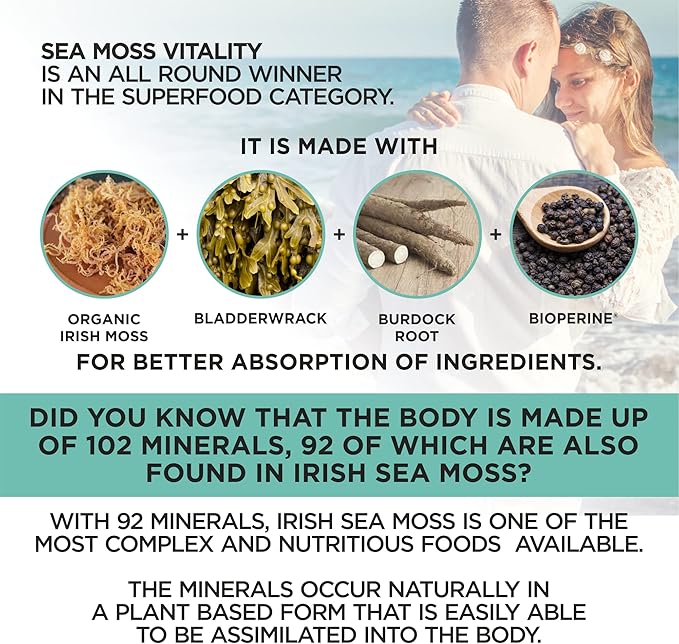 Organic Irish Sea Moss with Bladderwrack, Burdock Root & Black Pepper Extract, 150 Capsules, Thyroid Support, Natural Iodine Source, Promotes Immune System, Cell Food, Alkaline Supplement