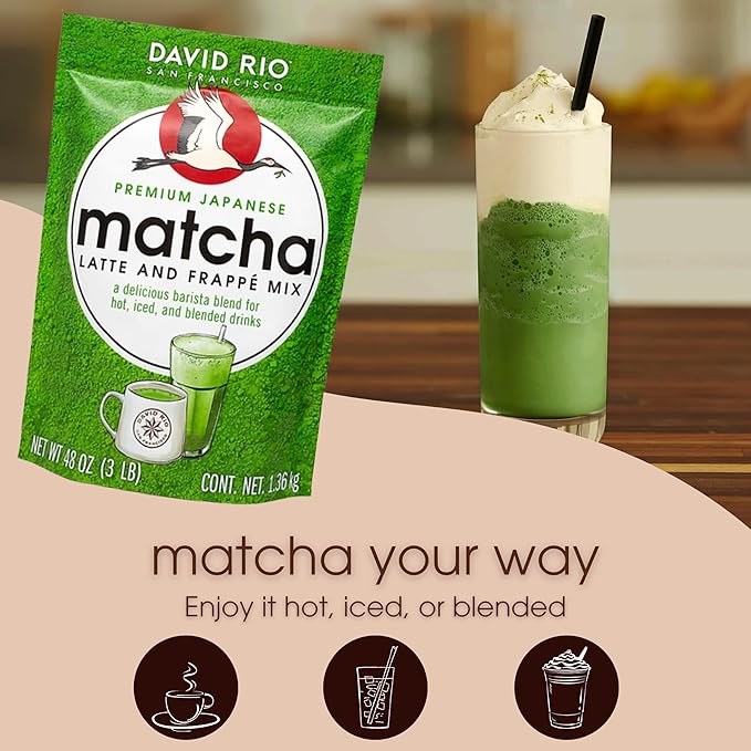 David Rio Premium Japanese Matcha Latte & Frappé Mix, 48 Oz, Matcha Green Tea, Vegan, Dairy Free, Serve Hot, Cold or Ice Blended, Just Add Milk, 52 Servings
