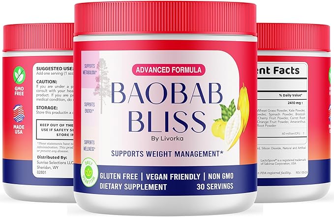 Baobab Bliss, All Natural Fiber Organic Fruit Powder Supplement, 60 Servings for 2 Months (Pack of 2)