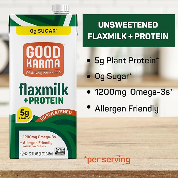 Good Karma Unsweetened Flaxmilk +Protein, 32 Ounce (Pack of 6), 5g Plant Protein + 1200mg Omega-3 Per Serving, Plant-Based Non-Dairy Milk Alternative, Lactose Free, Nut Free, Vegan, Shelf Stable