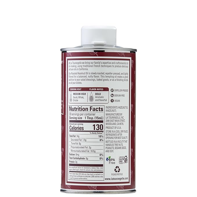 La Tourangelle Roasted Hazelnut Oil, High-Oleic Oil Great for Baking, Stir-Frying, and Vinaigrettes, 16.9 Fl Oz