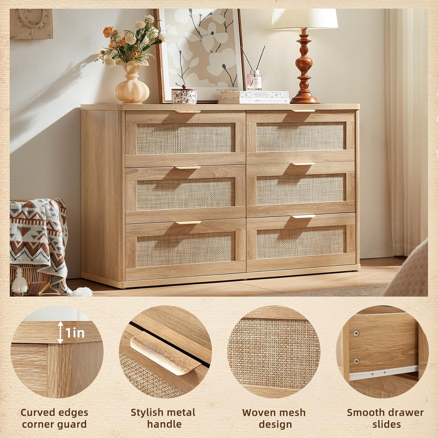 LEYAOYAO Rattan 6 Drawer Dresser for Bedroom, Boho 48" Wide Natural Wood Dresser Chest of Drawers, Dressers TV Stand with Metal Handle, Storage Dressers Closet Organizer for Living Room, Hallway