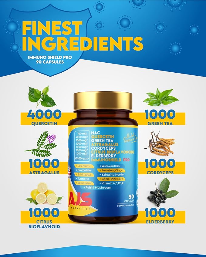 AJS Quercetin 4000mg with Nac Green Tea Cordycepscitrus Elderberry Selenium Bromelain Echinacea Turmeric Resveratrol Astaxanthin Feverfew Ginger Reishi Mushroom 90 Caps 20 in 1