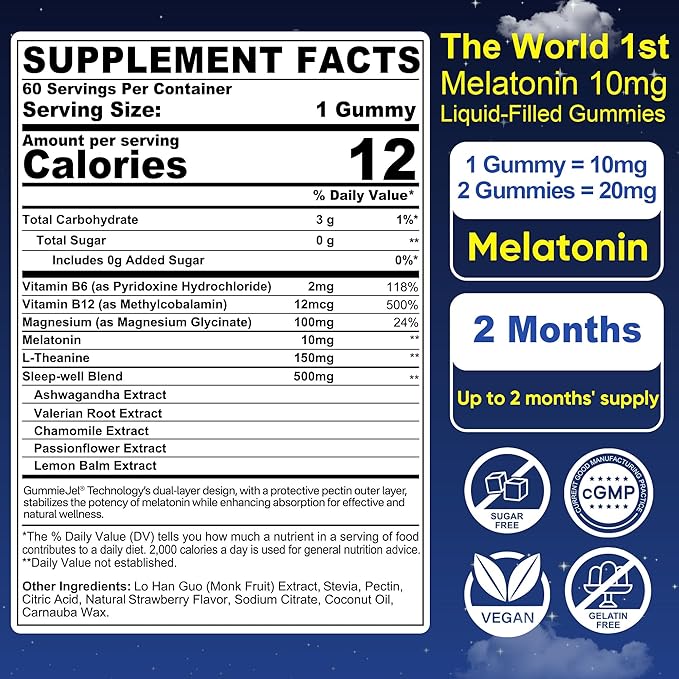 Sugar Free Melatonin Gummies 10mg 20mg Magnesium Glycinate Melatonin for Adults, Ashwagandha, L-Theanine, B6, B12, Lemon Balm and Chamomile for Deep Relaxation, Antioxidant, Vegan, 60 Day