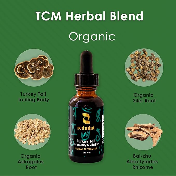 Redmint Turkey Tail Mushroom Herbal Tincture -Immunity & Vitality | Rooted in Ancient TCM Wisdom | Turkey Tail Extract for Immune Support and Digestive Health | Organic Mushroom Supplement | 1 Fl oz