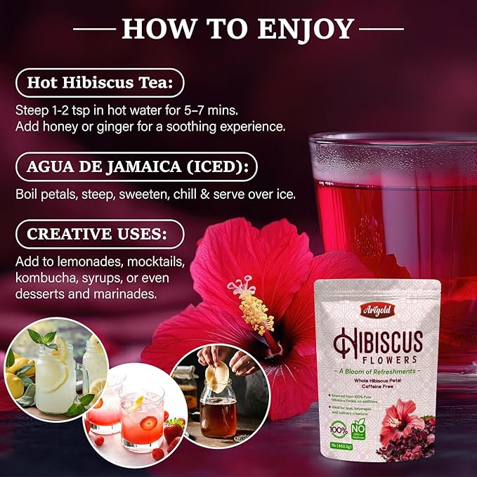 Arigold Pure Whole Petals Hibiscus Tea 1lb ā Organic Dried Hibiscus Flowers,Flor de Jamaica, Hibiscus Sabdariffa, Bissap, Sorrel, hibiscus tea loose leaf Herbal Tea for Agua Fresca, Cocktails, Iced Tea & Hot Tea | Caffeine-Free & Rich in Antioxidants.