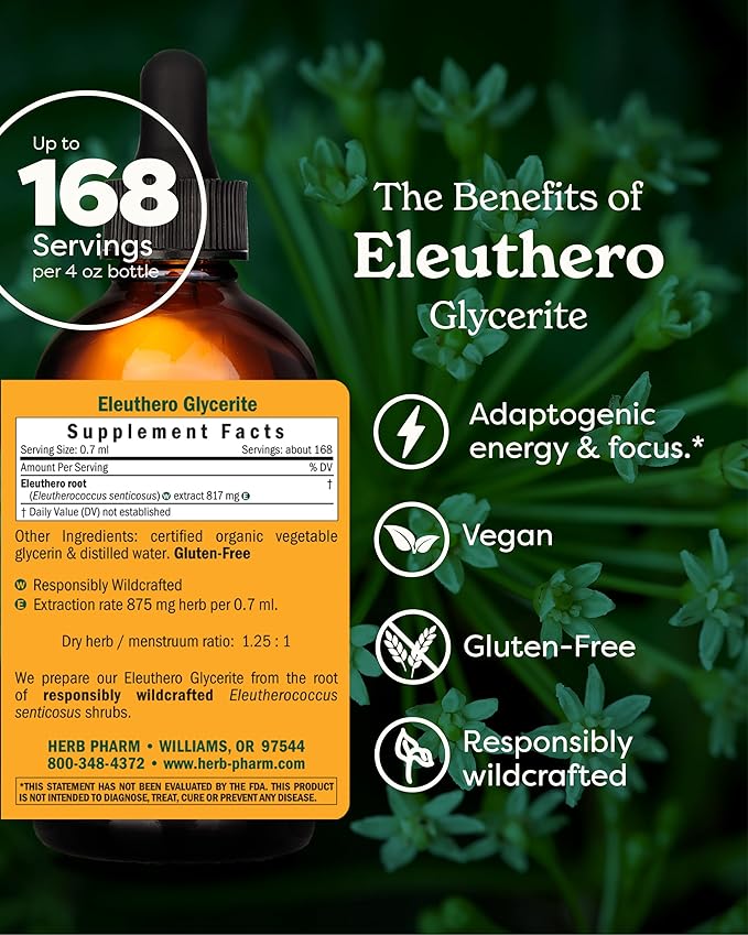 Herb Pharm Eleuthero Root Liquid Glycerite for Energy and Stamina, Alcohol-Free Glycerite, 4 Ounce