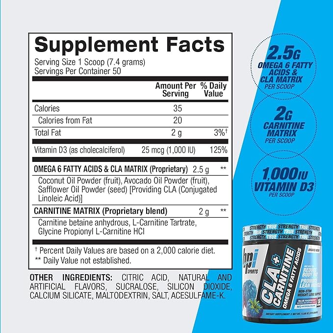 BPI Sports CLA+Carnitine – CLA L Carnitine & Linoleic Acid – L Carnitine Supplement for Weight Loss, Metabolism & Lean Muscle – Caffeine Free – Blue Raspberry – 50 Servings – 12.34 oz