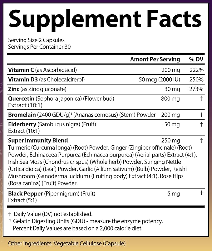 Quercetin with Bromelain, Elderberry, Vitamin C, D3 and Zinc. Super Immune Support Supplement. Organic Complex for Men & Women, Non-GMO, Gluten-Free, Vegan, USA