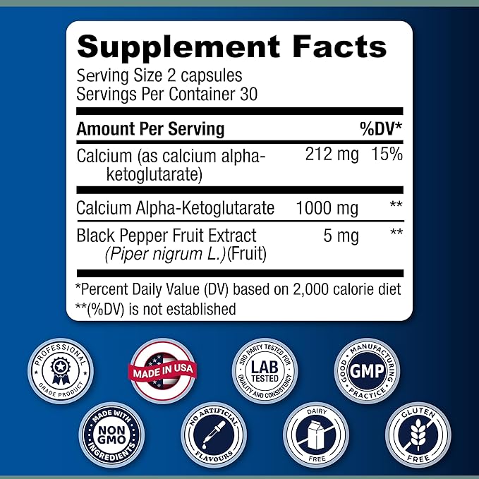 LongJuvity Calcium Alpha-Ketoglutarate Time Release AKG Supplement (1,000mg Per Serving) - Gut Heath, Bone Health, Anti Aging & Longevity - Independently Lab Tested (60 Enteric Coated Capsules)