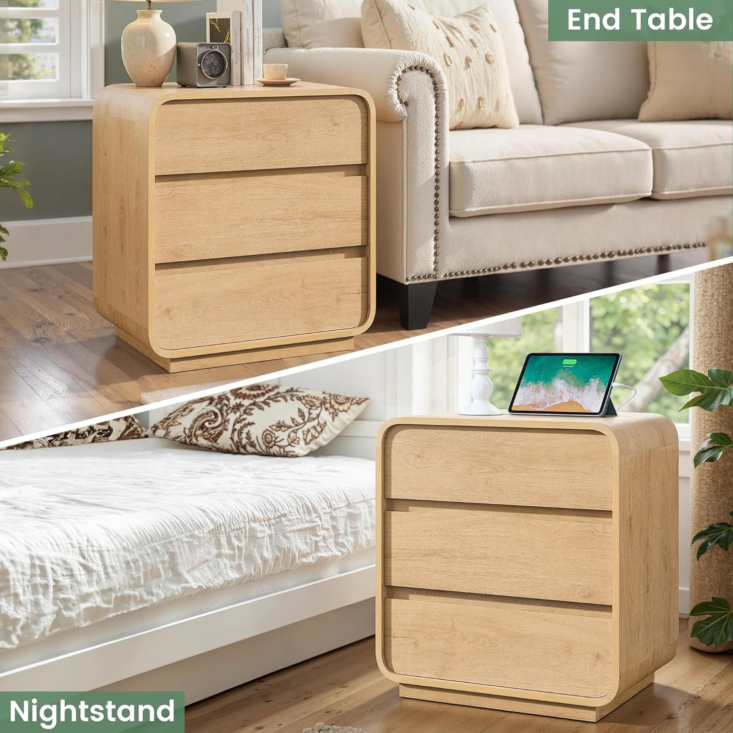 Modern Nightstand Set of 2, 23.2" Large Wood Night Stand with Charging Station & Curved Profile, 3 Storage Drawers Dresser Bedside Table, Mid-Century End Table for Bedroom Sofa, Natural