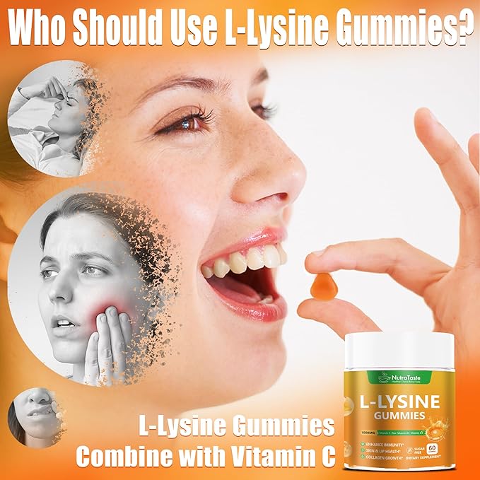 L-lysine Gummies 1000mg, Chewable Lysine Supplement with Vitamin C, D3, K2 & Zinc, Enhance Immunity, Lips & Skin Health, Collagen Growth, Sugar-Free, Gluten-Free, 60 Count (Pack of 2)