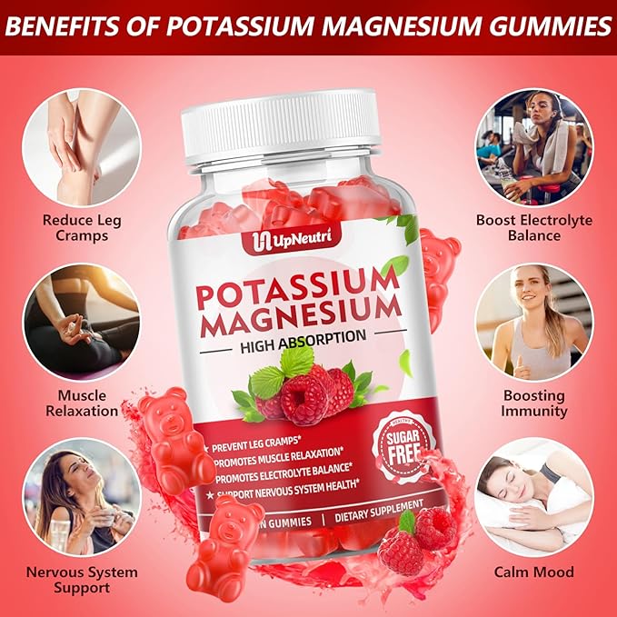 Potassium Magnesium Supplement Gummies for Adults Kids, Sugar-Free Potassium Gummies Supports Leg Cramps & Muscle & Immune Health, High Absorption Magnesium Gummies Raspberry Flavor 120 Cts