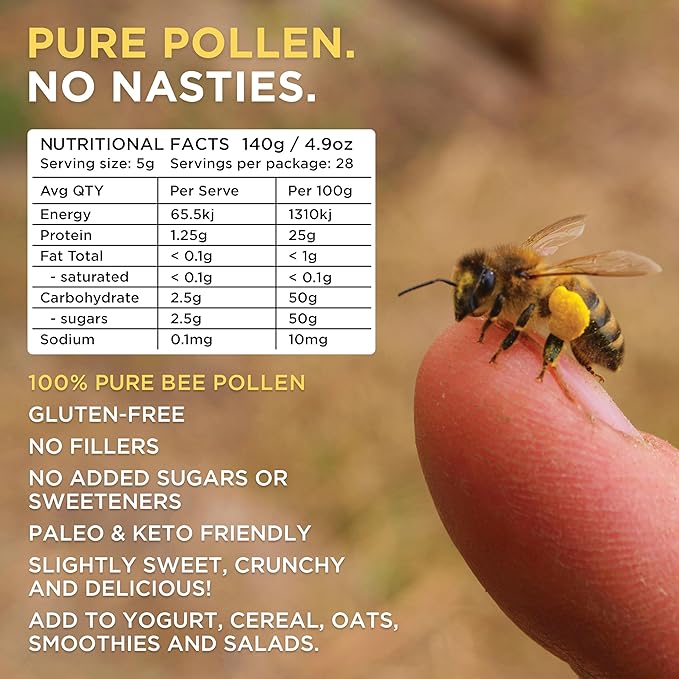 Bee Pollen Granules 4.9 Oz - Nature's Superfood, Superior Taste - Western Australia Pure Bee Pollen for Optimal Health