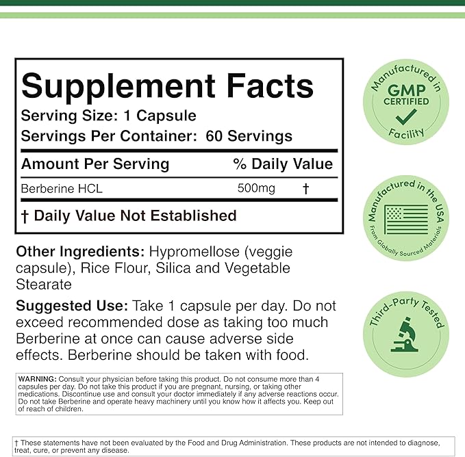 Berberine Supplement 500mg, 60 Capsules (Third Party Tested, Non-GMO, Gluten Free, Vegan Safe) AMPK Activator - Berberine HCL for Cardiovascular Health by Double Wood