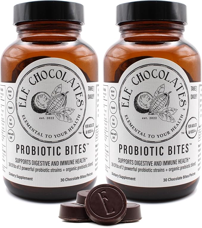 Dark Chocolate Daily Probiotic Supplement Bites 3 Billion CFUs for Digestive Gut Health, Immune Support for Women, Men and Kids, 100% Natural and Organic, Gluten-Free, 2-Pack