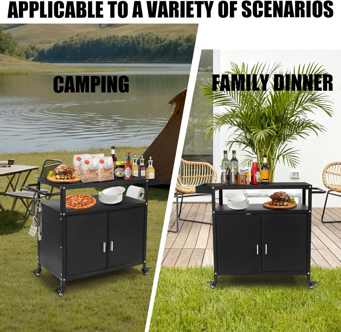 Grill Cart with Storage, Outdoor Bar Cart Rolling BBQ Cart Movable Pizza Oven Table Stand with Foldable Stainless Steel Top & Storage Cabinet, Black(34.6 x 17.7 x 34.6 Inch)