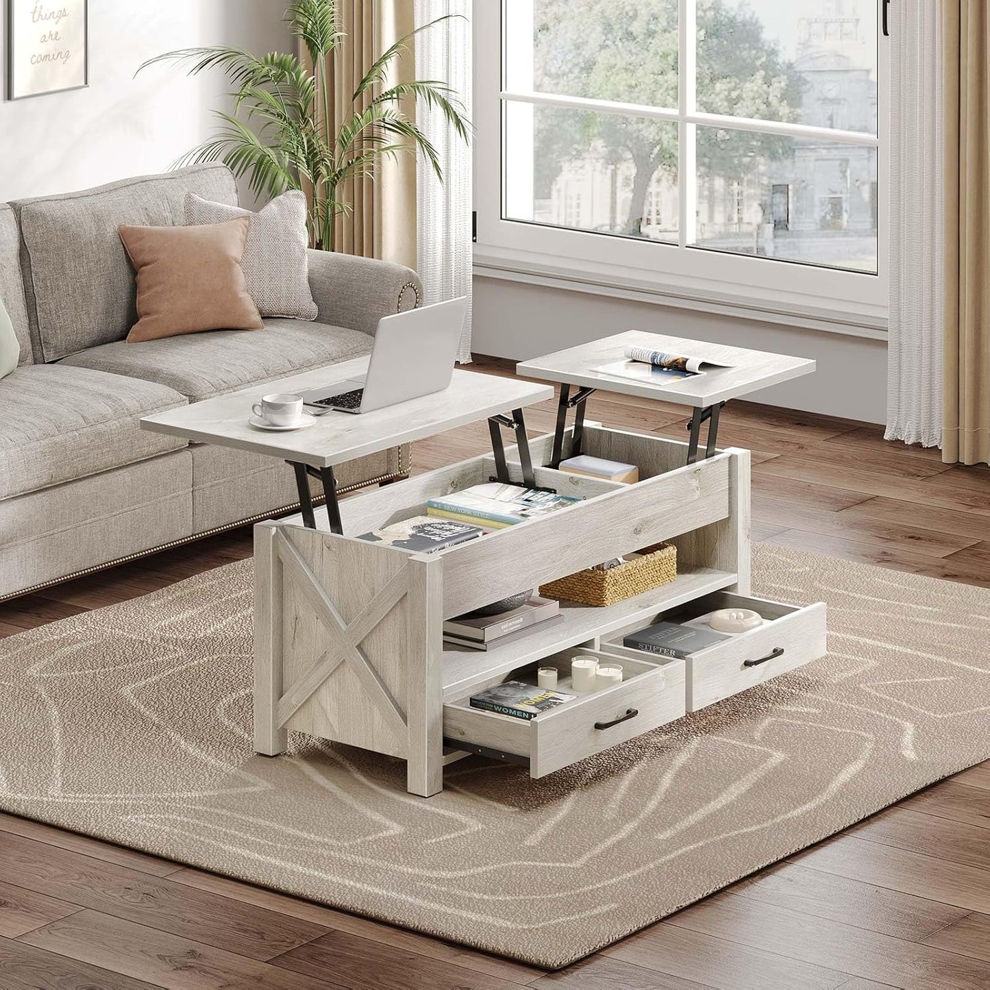 Seventable Coffee Table, 47.2" Lift Top Coffee Table with 2 Storage Drawers and Hidden Compartment, Retro Center Table with Wooden Lift Tabletop for Living Room, Gray